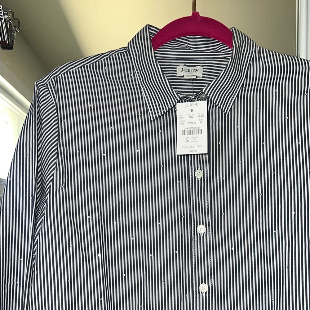 J. Crew Women’s Crystal Embellished Navy and White Striped Button Down Shirt NWT